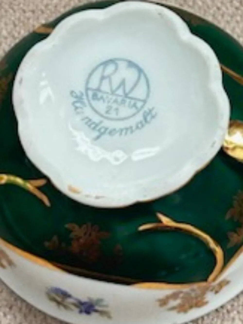 Vintage Bavaria Demitasse Emerald and Gold Hand Painted Teacup and Saucer Set